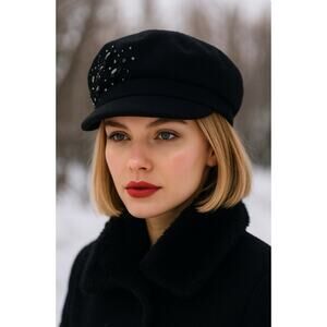 VTG 90s Y2K Scala Pronto BLK Wool Jeweled Newsboy Cap Euroglam Goth Boho OS